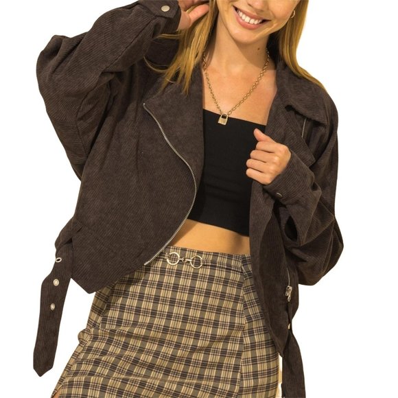 HYFVE WOMENS DARK BROWN SHORT CORDUROY JACKET W/SIDE ZIP /WAISTED BUCKLE - S/M/L - Picture 1 of 10